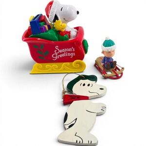 Peanuts Snoopy Whitman's Sleigh Charlie Brown Sled Wood Ornament Holiday Lot 3pc